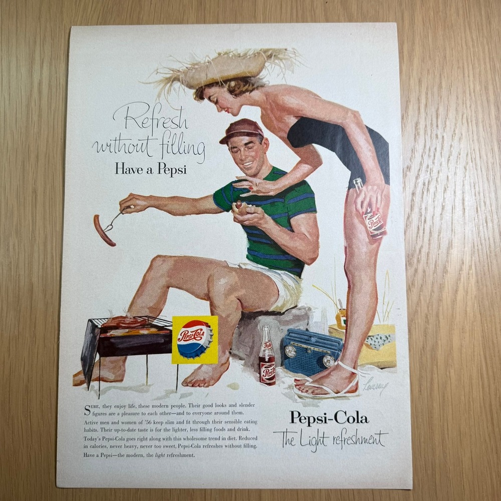 Vintage 1956 Pepsi-Cola Magazine Ad Refresh without Filling Beach BBQ Art